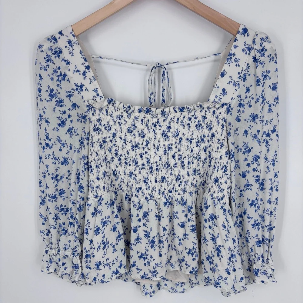 Reformation Braelyn Floral Top Womens L Blue Smocked Peplum Tie Back Blouse
